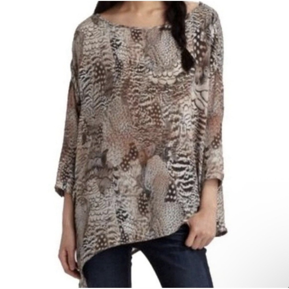 Rag & Bone Size-M Womens Silk Asymmetrical Tunic Feather Print Top